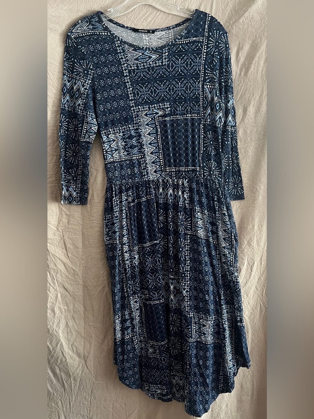 Annabelle Navy and White Patchwork-Print Long Sleeve Dress
